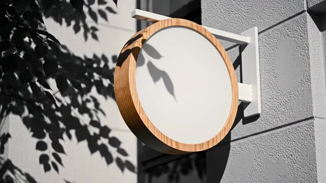 Round wooden framed illuminated sign mockup hanging on textured gray wall with leaf shadows