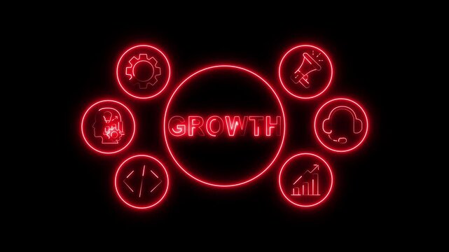 Business Growth Concept &ndash; Red Neon Animation with Analytics & Comparison Icons on Black Background