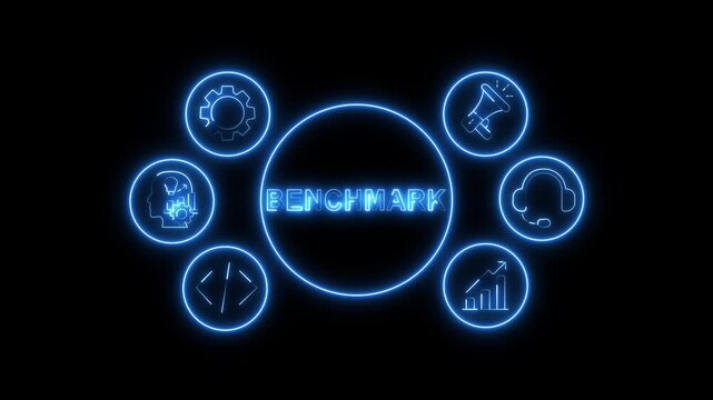 Benchmark Business Performance Concept Blue Neon Animation with Analytics and Comparison Icons on Black Background