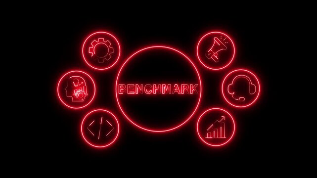 Benchmark Business Performance Concept Red Neon Animation with Analytics and Comparison Icons on Black Background