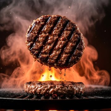 Juicy grilled meat patties cook over intense flames with smoke rising dramatically
