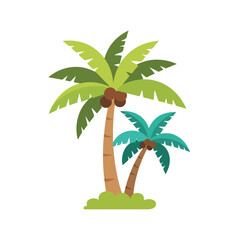 Obraz premium Illustration of two palm trees with coconuts, green foliage, on white