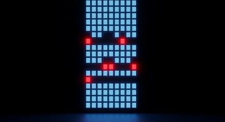 Digital screen with blue pixels and red error lights, symbolizing data corruption.