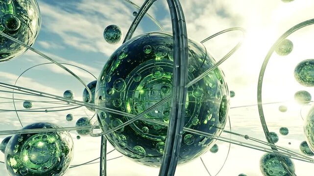 Interstellar Spheres: Glimmering orbs float amidst an intricate network of interconnected structures against a background of wispy clouds, a vision of technological and architectural wonder.