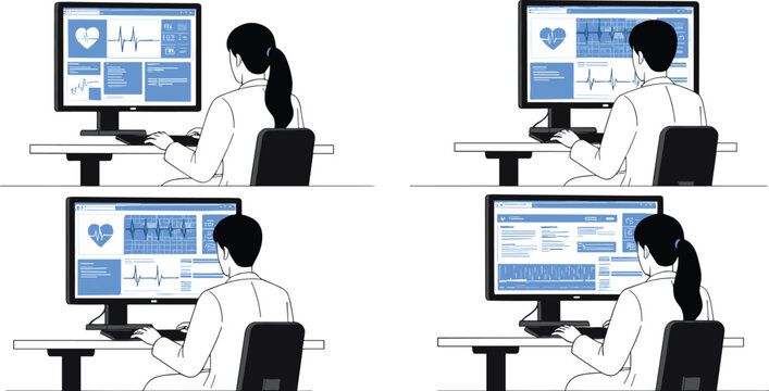 Medical staff monitoring patient data on digital health dashboards vector set, hospital analytics and clinical workflow concept