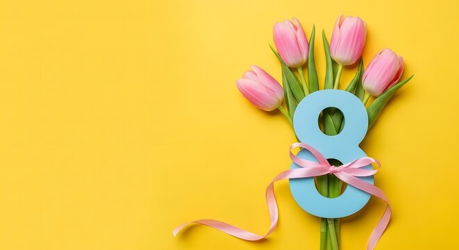 Pink tulips and number 8 decoration on yellow background
