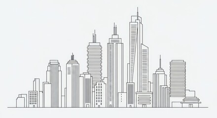 Fototapeta premium Minimalist City Skyline Line Art Illustration of Modern Urban Skyscrapers and Buildings