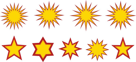 Yellow Comic Explosion and Starburst Shapes Set with Red Outline for Promotion Stickers and Sale Labels Vector © Md