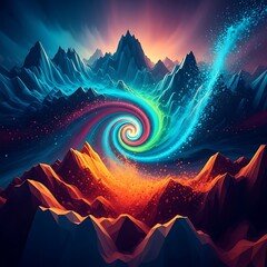 Vivid cosmic energy manifests as a swirling vortex above dramatic mountain ranges under an evening sky