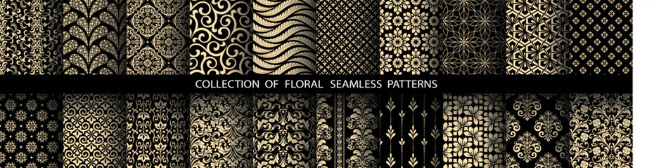 Plakat Geometric floral set of seamless patterns. Golden and black vector backgrounds. Damask graphic ornaments