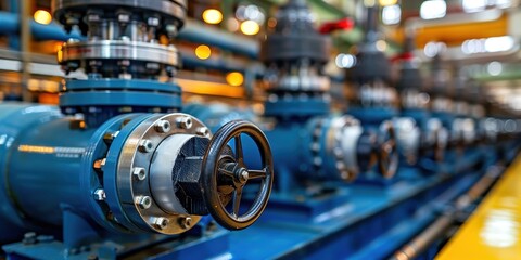 Obraz premium Industrial Blue Pipe Valves in Factory Setting