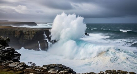 Massive ocean wave violently crashes against rugged coastal cliffs under a stormy sky