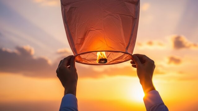 Hands releasing a glowing sky lantern into the sunset sky.