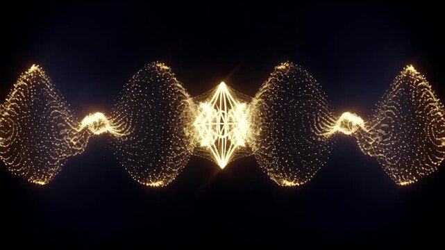 Golden Ethereum Symbol with Abstract Wavy Particles on Dark Background