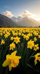 Expansive field of bright yellow spring flowers stretches toward snow-capped mountains under a warm sky