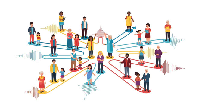 Illustration of diverse people connected by colorful lines, symbolizing linguistic diversity and multilingualism on International Mother Language Day with a vibrant, celebratory mood.
