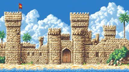 Coastal Stone Castle with Palm Trees under a Sunny Sky © Trippple