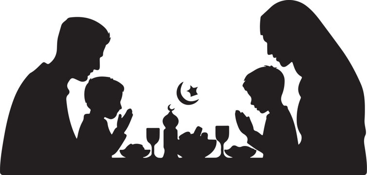 Family silhouette praying at dinner table with Islamic crescent