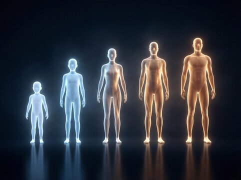 Conceptual view of human aging showing five figures evolving from young child to full grown adult