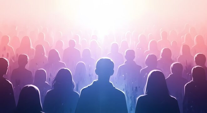 Silhouettes of a crowd facing a bright light source