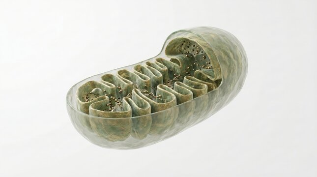 A detailed cross-section model of a mitochondrion, showcasing its inner membrane folds (cristae) and outer membrane.
