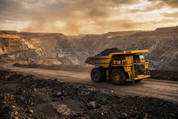 Obraz premium A massive yellow mining dump truck loaded with ore drives on a dirt road in an open pit mine