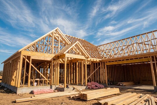 The wooden framing of a new single family home under construction against a blue sky with clouds