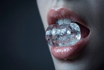 Obraz premium Close up of woman lips holding a clear ice cube in mouth