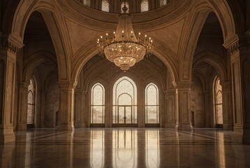 Fototapeta premium Grand mosque interior with soaring arches and a massive crystal chandelier above a glossy floor