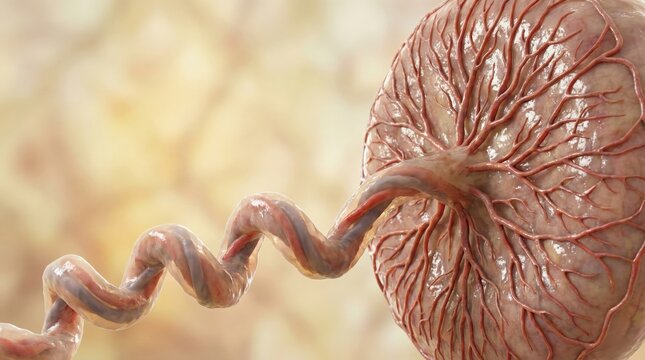 Detailed 3D rendering of a human placenta with a twisted umbilical cord, showing intricate vascular structures and connection points.