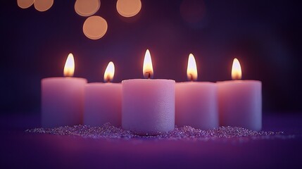 Close-Up of Six Diwali Candles on Purple Background with Copy Space, Hindu Festival of Lights Celebration