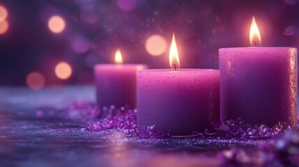 Close-Up of Six Diwali Candles on Purple Background with Copy Space, Hindu Festival of Lights Celebration