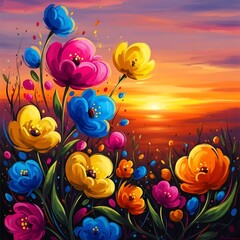 Vibrant field of stylized blossoms glows against a dramatic sunset horizon