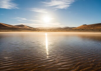 Bright morning sun shines over calm desert water bordered by tall sand dunes