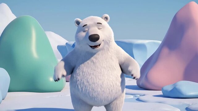 A dancing bear happily performs in a serene winter landscape with icy mountains and snow-covered terrain.