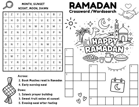 Ramadan crossword and word search worksheets for grades 2&ndash;4 focusing on Islamic vocabulary and critical thinking skills. Fun printable puzzles to build spelling, reading comprehension.