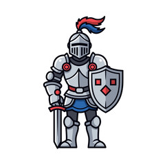 Cartoon Knight in Shining Armor with Sword and Shield, Medieval Warrior Illustration