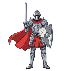 Obraz premium Medieval Knight In Full Armor Holding Sword and Shield, Red Cape