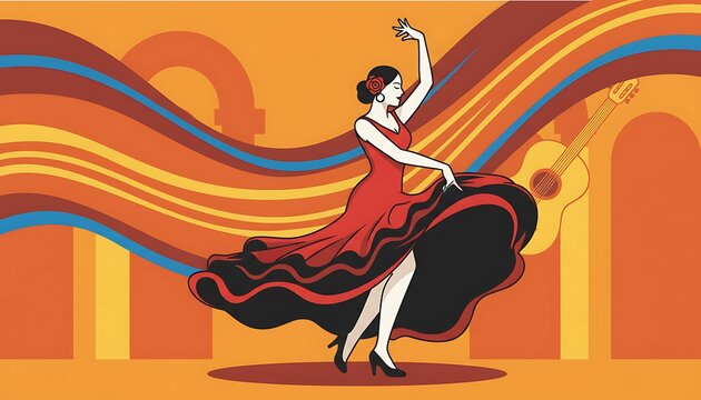 Illustration of a flamenco dancer in a red dress with a guitar and wavy background