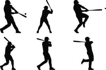 Fototapeta premium Baseball player silhouettes hitting ball, batting poses