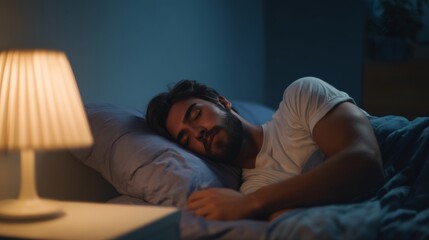 Obraz premium Bearded man deeply asleep in comfortable bed at night in bedroom