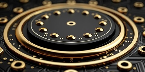Fototapeta premium Close-Up of Gold Circular Circuitry on Black Background