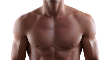 Obraz premium Close-up of a muscular man's torso, highlighting his physique and form. The image shows the man's chest and shoulders in detail, showcasing his strength and fitness