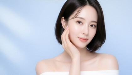パステルブルー背景で頬に手を添える日本人女性のナチュラルビューティーポートレート、透明感のある肌と清潔感を表現したスキンケア向けイメージ