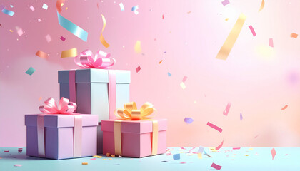 カラフルな紙吹雪とギフトボックスのポップなお祝い