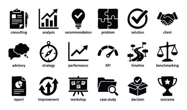 Comprehensive set of business consulting process icons illustrating strategy development, performance tracking, problemsolving, and outcome delivery for professional presentations and