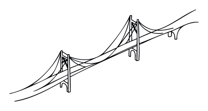 Minimalist black line drawing of a modern suspension bridge structure viewed from an isometric angle suitable for architectural blueprints or infrastructure engineering presentations