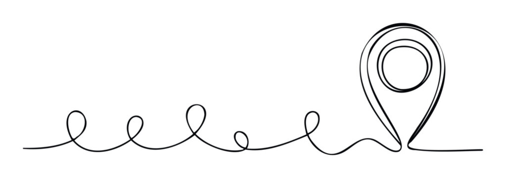 Continuous line drawing of a path leading to a map pointer icon symbolizing navigation or a destination for travel and geographic information apps