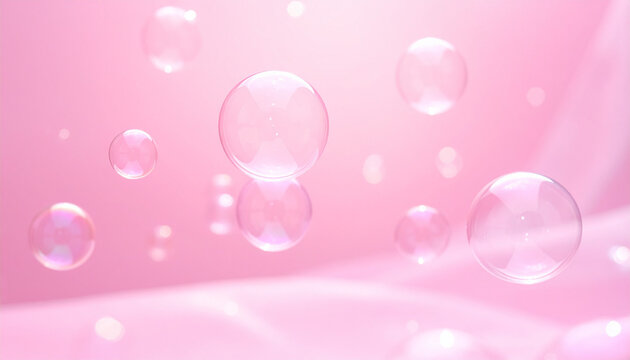 ピンク背景に浮かぶ透明なシャボン玉の優しい世界