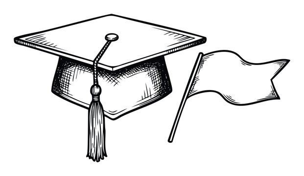 Graduation cap with tassel and blank flag in a handdrawn style symbolizes academic achievement and future success, ideal for educational publications or celebratory designs.